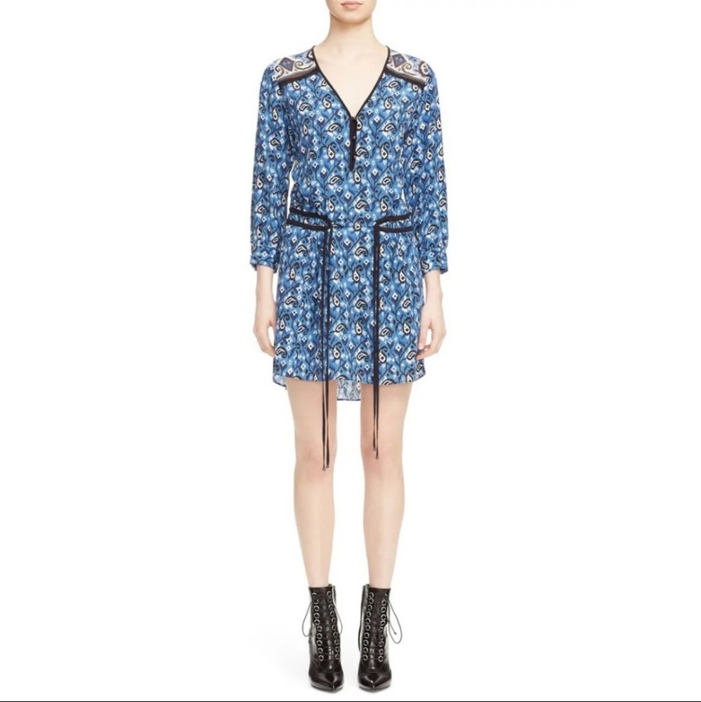 Veronica Beard Blue Venice Ikat Waist Tie Mini Dress